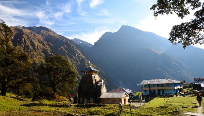 Madhyamaheshwar Temple, a remote and sacred site nestled amidst the Himalayas, exuding spiritual serenity