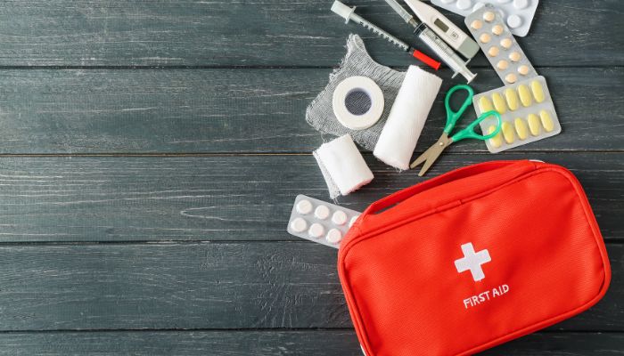 first aid kit and safety equipment laid out against a backdrop of a scenic mountainous landscape
