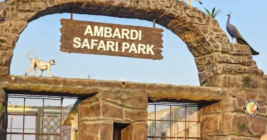 The stone-arched entrance gate to Ambardi Safari Park in Gujarat.