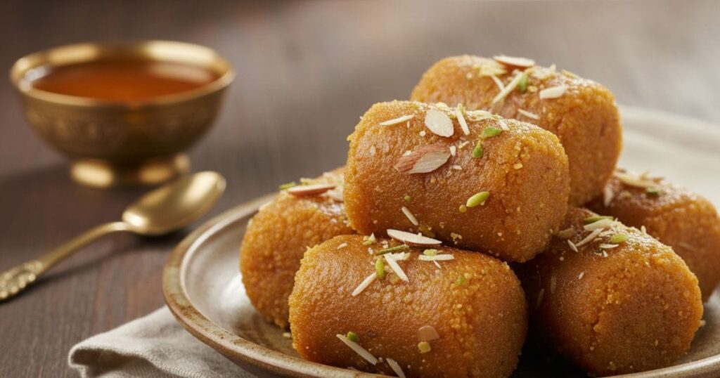 Bandar Laddu, a rectangular sweet made from Besan/Gram flour and sugar syrup.