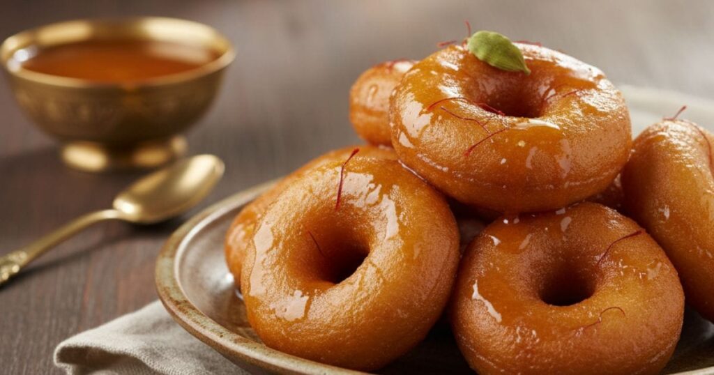 Doughnut-shaped fritters soaked in jaggery syrup, known as Bellam Garelu.