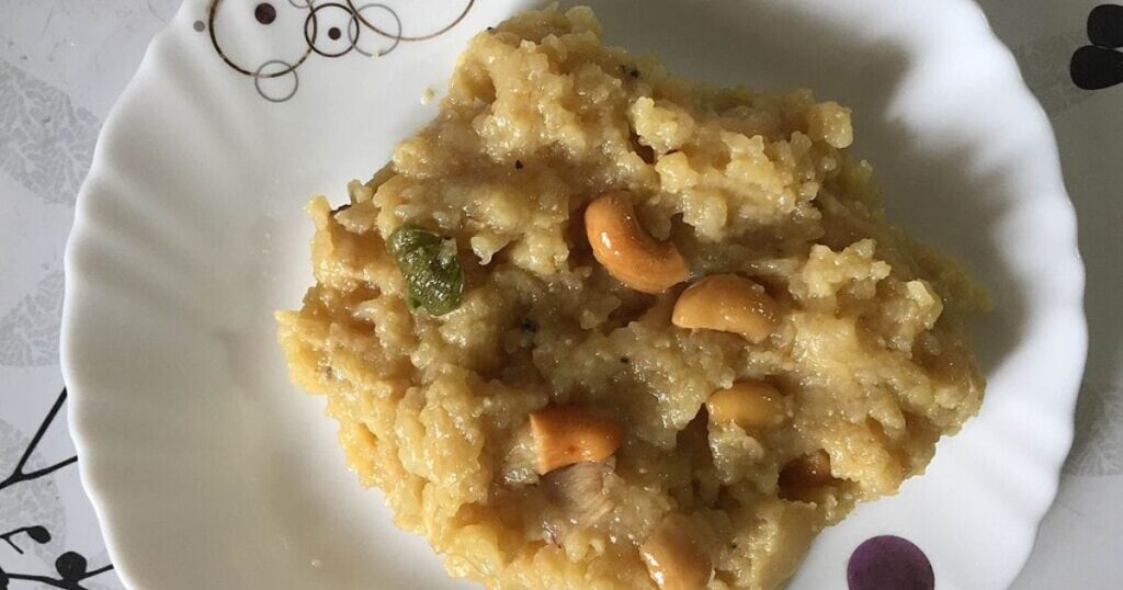 Creamy, sweet porridge made with rice, jaggery, and cashews, called Chakkara Pongali.